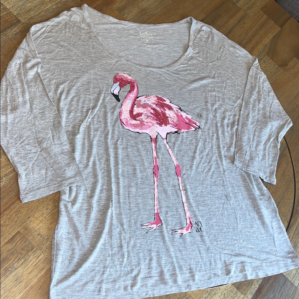 Gray Flamingo Elbow Tee with Sequince